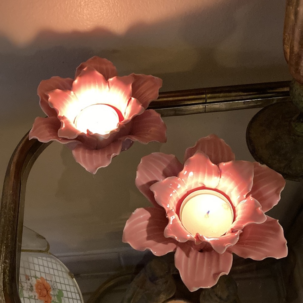 Pair of ceramic flower candle holders